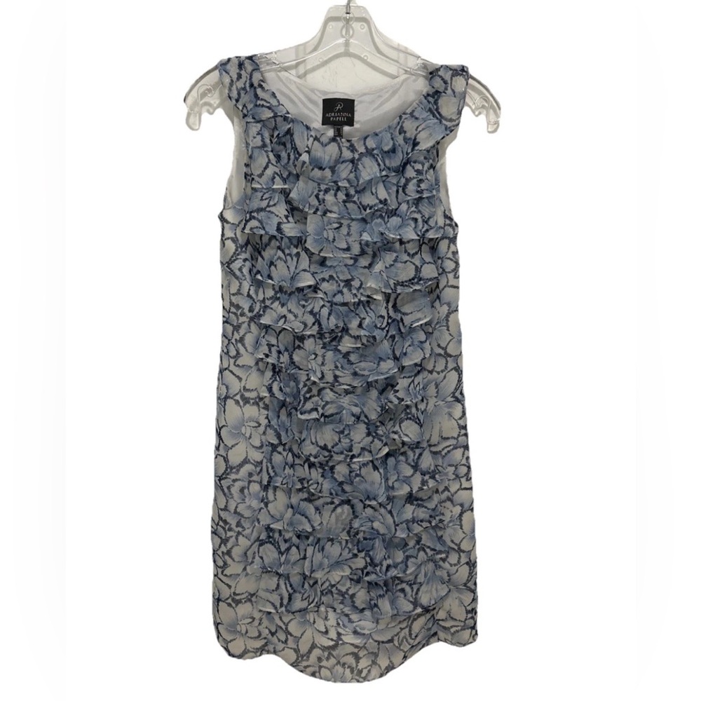 Adrianna Papell Blue Floral Midi Chiffon Ruffle Dress